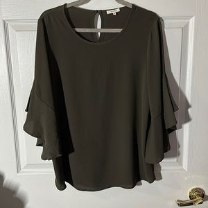 Pleione - Flared Sleeve Blouse - Olive Green Size M
